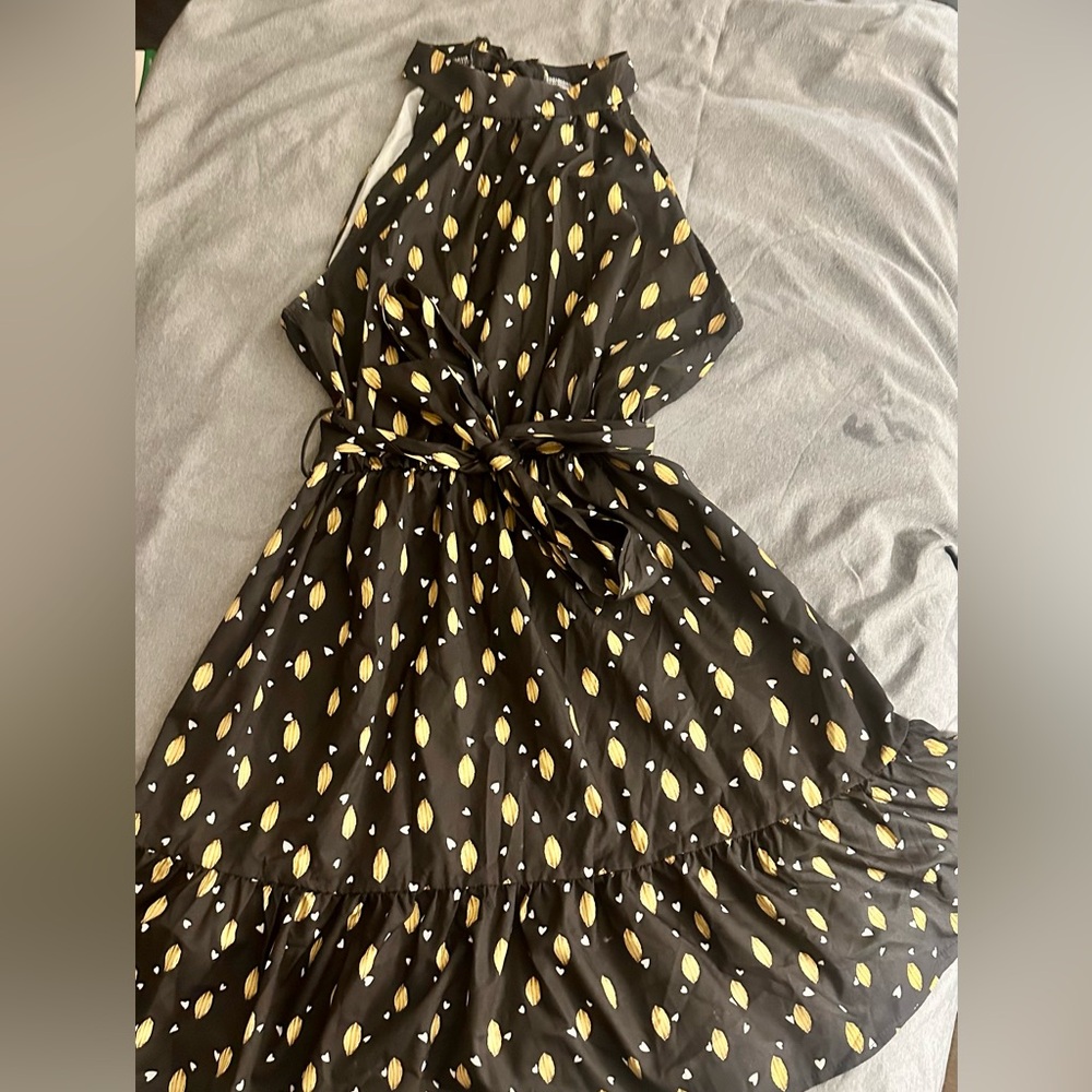 Chic Black Dress with Gold and White Print